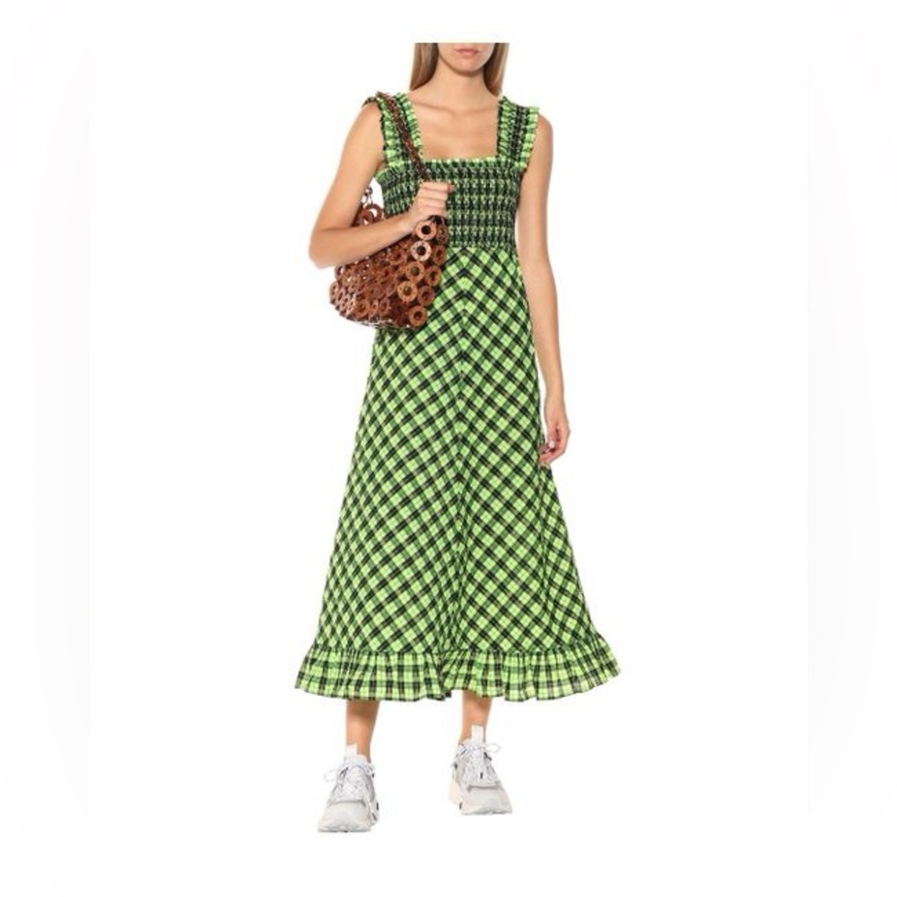 GANNI Seersucker Check Maxi Dress in green - Picture 6 of 13